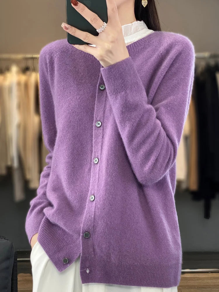 Women's button front knit cardigan shown in several colour options