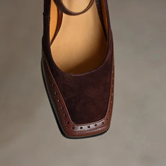 Constance square toe block heel brogue pumps with slim ankle strap and gold-tone buckle
