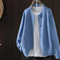 Women's V-neck button front cardigan with ribbed cuffs and hem in a solid shade