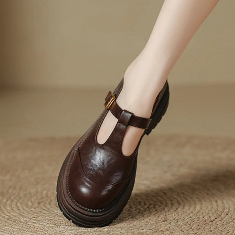 Women's Blythe T-bar Mary Jane brogue shoes with rounded toe and low heel