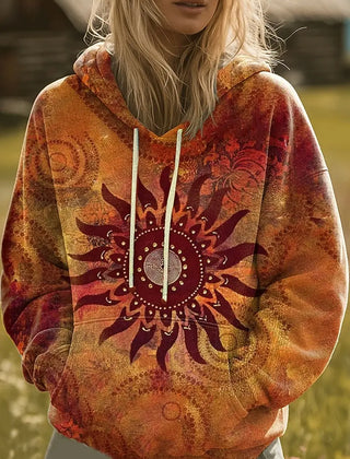 Multicolor rainbow sunburst graphic hoodie with hood and ribbed cuffs, relaxed fit