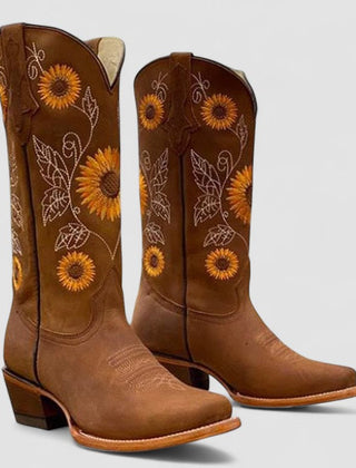 Sunflower-embroidered western boots with pointed toe and stacked block heel in warm brown