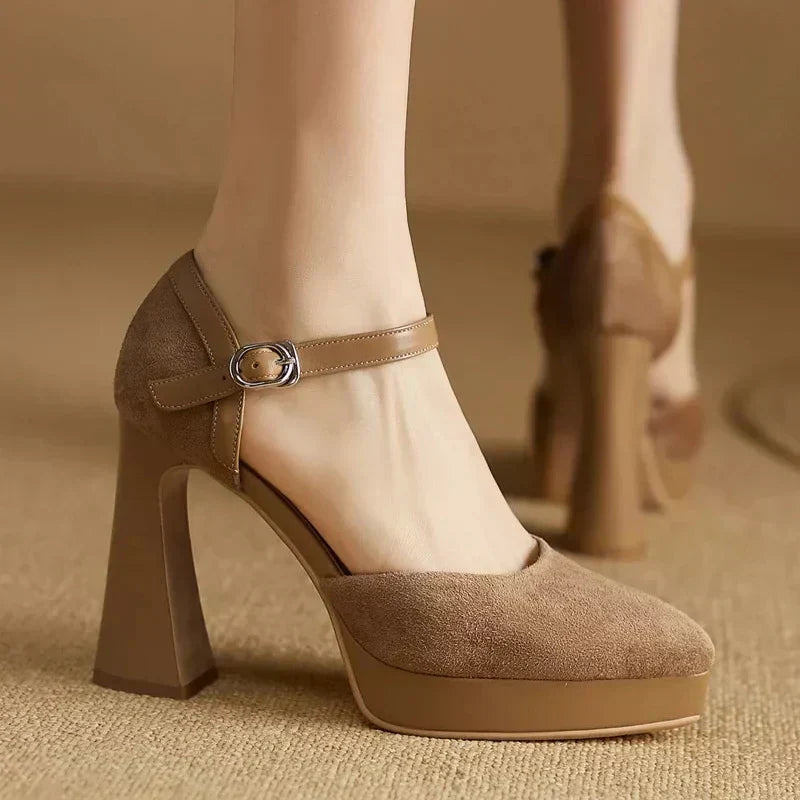 Aurore platform block heel pumps with slim ankle strap and rounded toe, in brown and black