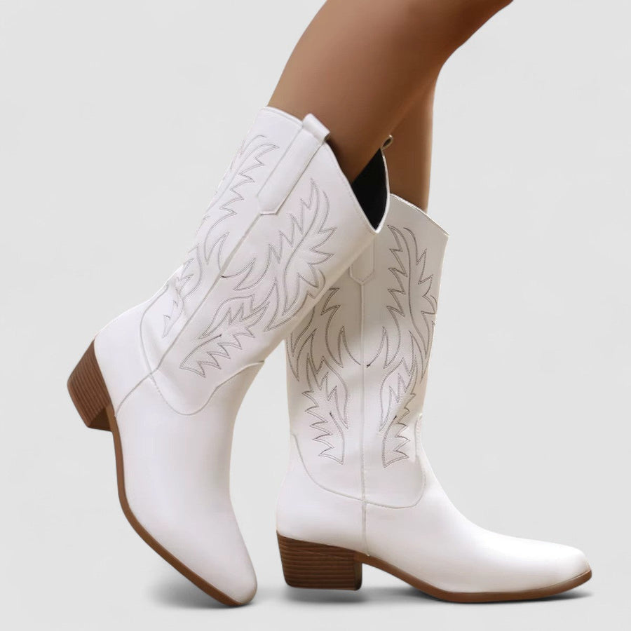 Embroidered western boots with flame-and-leaf detailing, pointed toe and stacked block heel