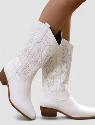 Embroidered western boots with flame-and-leaf detailing, pointed toe and stacked block heel