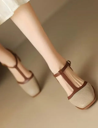 Off-white perforated T-strap block heel pump with contrast tan strap and square toe