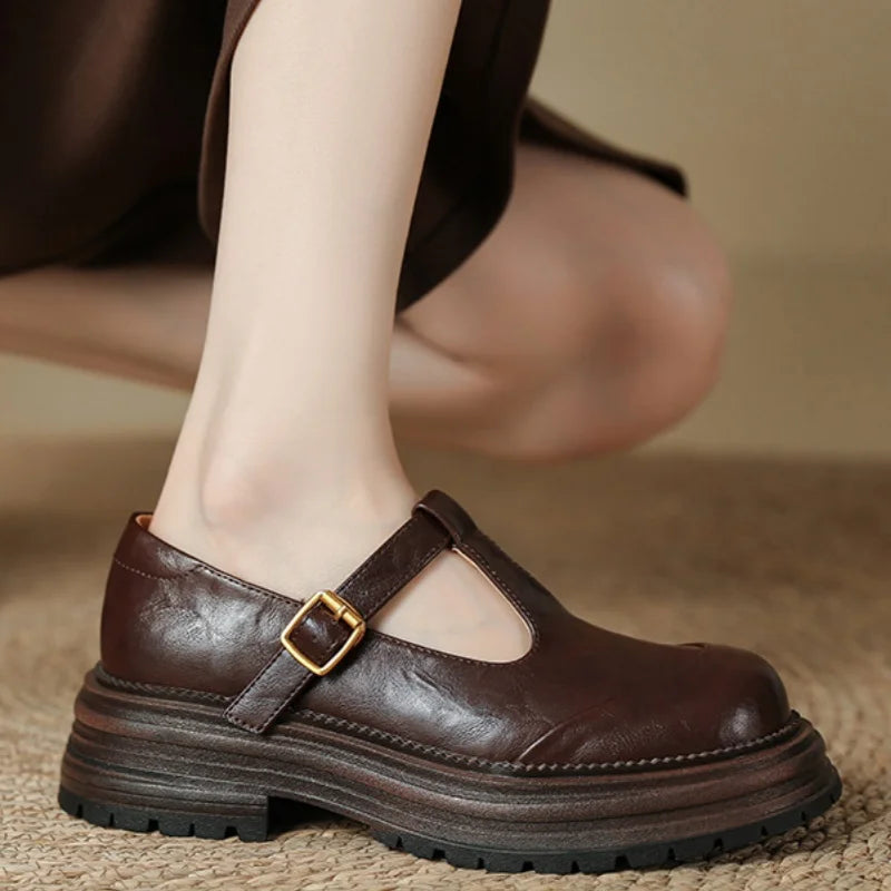 Women's Blythe T-bar Mary Jane brogue shoes with rounded toe and low heel