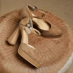 Aurore platform block heel pumps with slim ankle strap and rounded toe, in brown and black