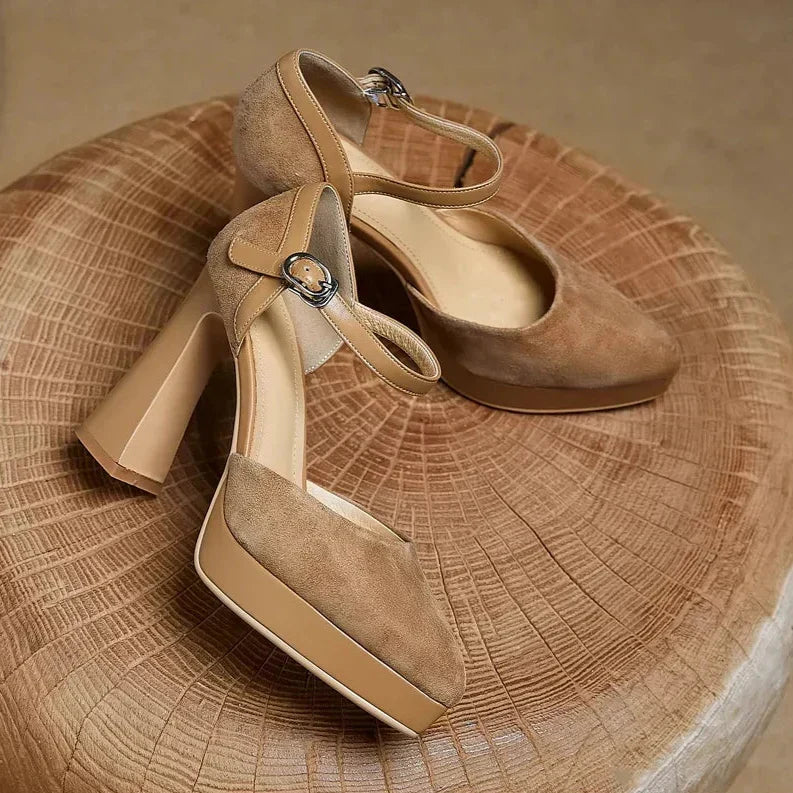 Aurore platform block heel pumps with slim ankle strap and rounded toe, in brown and black