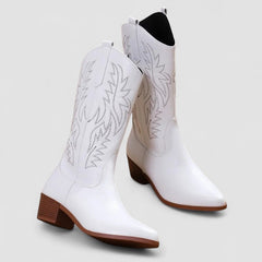 Embroidered western boots with flame-and-leaf detailing, pointed toe and stacked block heel