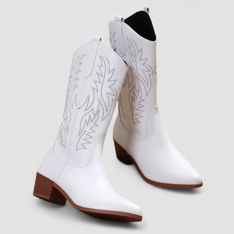 Embroidered western boots with flame-and-leaf detailing, pointed toe and stacked block heel