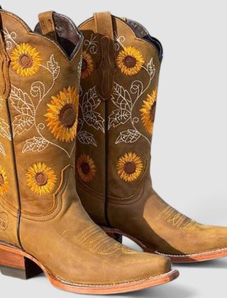 Sunflower-embroidered western boots with pointed toe and stacked block heel in warm brown