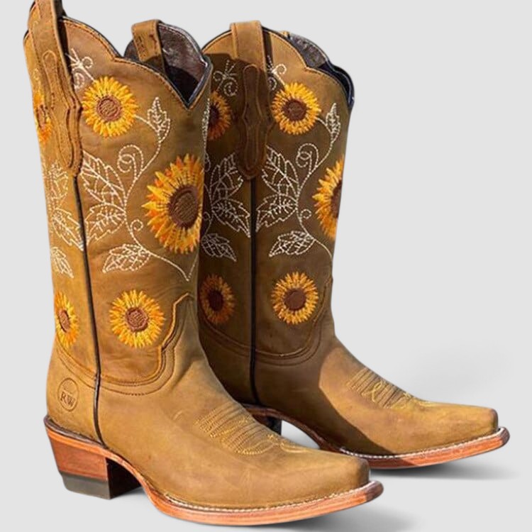 Sunflower-embroidered western boots with pointed toe and stacked block heel in warm brown