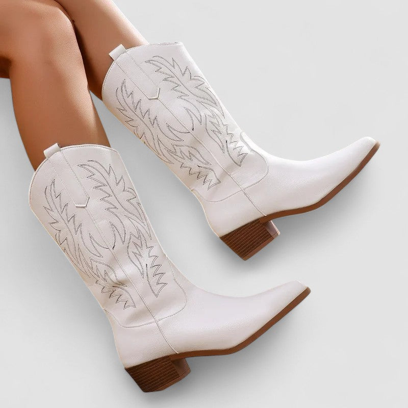 Embroidered western boots with flame-and-leaf detailing, pointed toe and stacked block heel