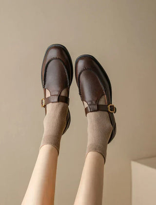 Delia retro T-strap Mary Jane shoes with rounded toe, gold-tone buckle and low block heel