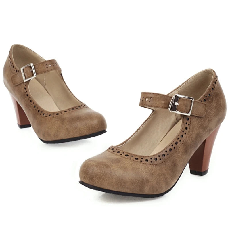 Genevieve Mary Jane heels with adjustable instep strap and rounded toe in several colours
