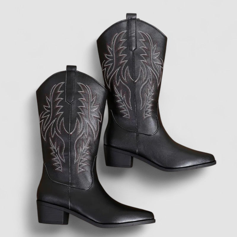 Embroidered western boots with flame-and-leaf detailing, pointed toe and stacked block heel