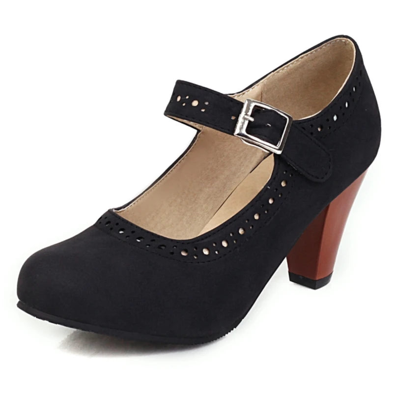 Genevieve Mary Jane heels with adjustable instep strap and rounded toe in several colours