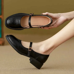 Eleanor Mary Jane shoes with single strap buckle and low block heel in black and brown