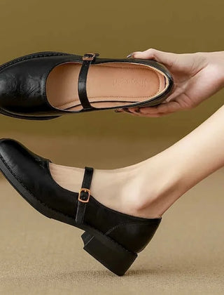 Eleanor Mary Jane shoes with single strap buckle and low block heel in black and brown