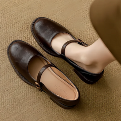 Eleanor Mary Jane shoes with single strap buckle and low block heel in black and brown