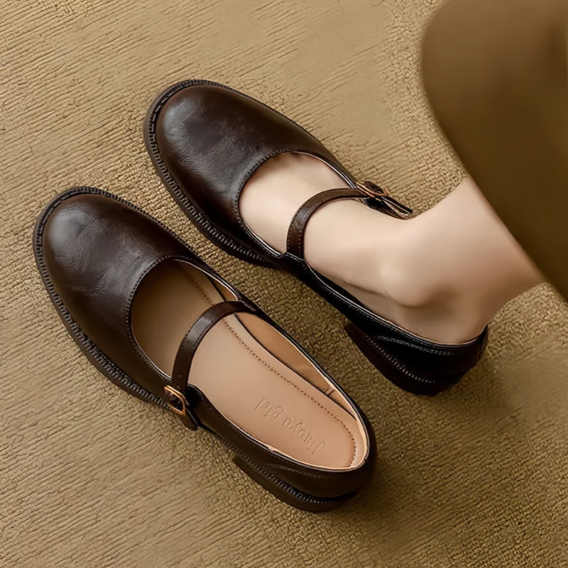 Eleanor Mary Jane shoes with single strap buckle and low block heel in black and brown