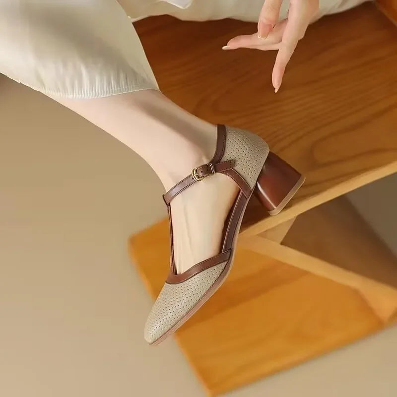 Off-white perforated T-strap block heel pump with contrast tan strap and square toe