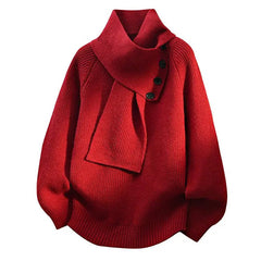 Women's ribbed scarf neck sweater with shoulder button detail and long sleeves