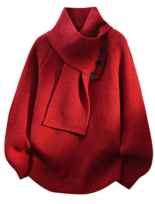 Women's ribbed scarf neck sweater with shoulder button detail and long sleeves
