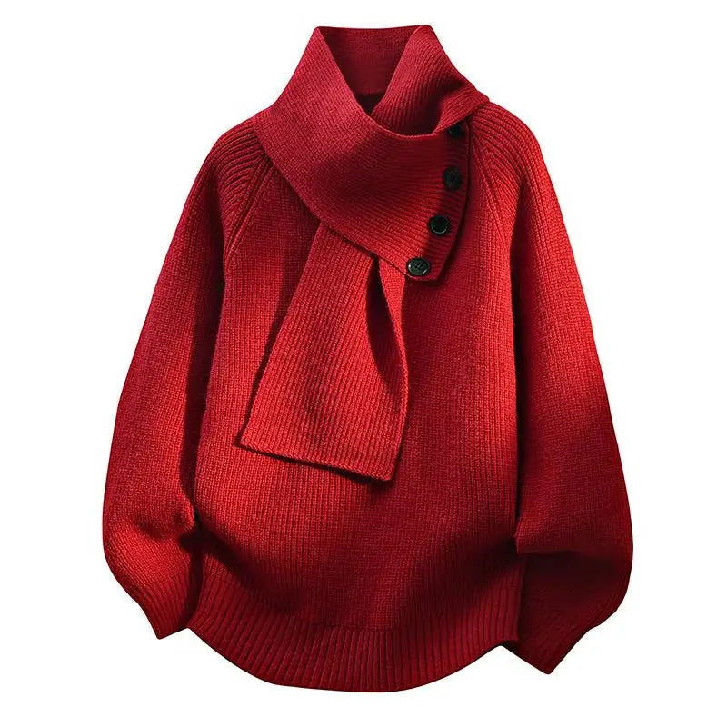 Women's ribbed scarf neck sweater with shoulder button detail and long sleeves