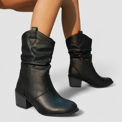 Slouch block-heel pull-on boots with relaxed shaft, shown in brown and black
