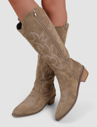 Knee-high western boots with tonal embroidery, low block heel and side zip
