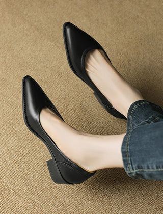 Cora pointed toe block heel slip-on pumps shown in apricot, black and brown