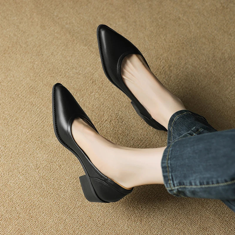 Cora pointed toe block heel slip-on pumps shown in apricot, black and brown