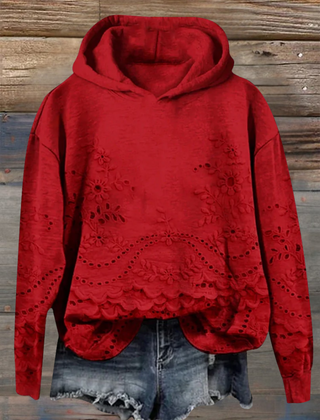 Women's floral eyelet pullover hoodie with structured hood and scalloped hem