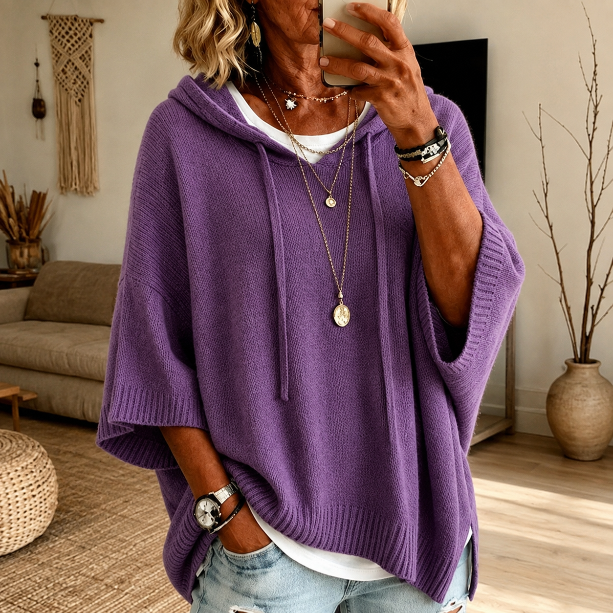 Purple hooded poncho sweater with drawstrings and ribbed finishing in a loose, draping cut