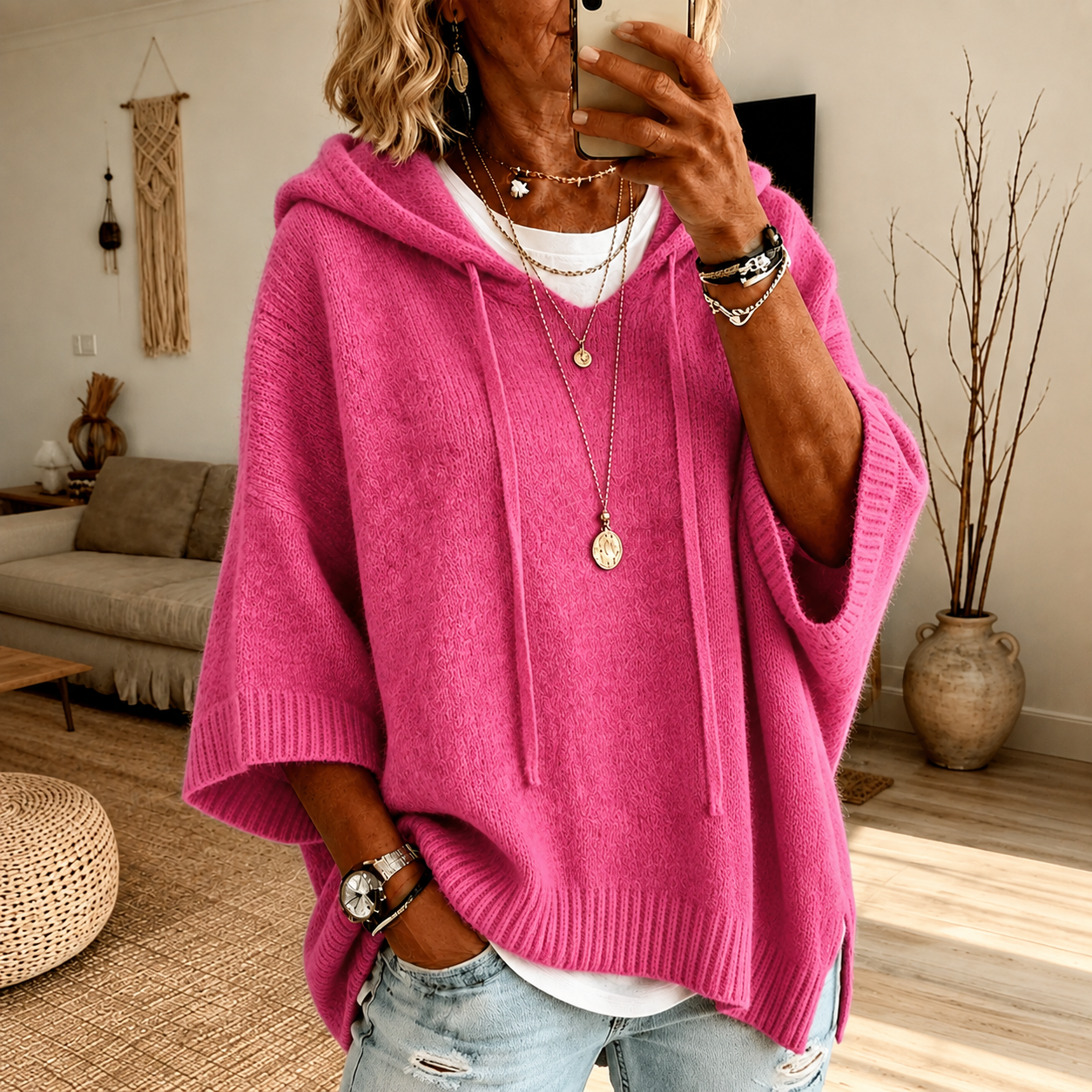 Rose hooded poncho sweater with drawstring hood and ribbed finishes
