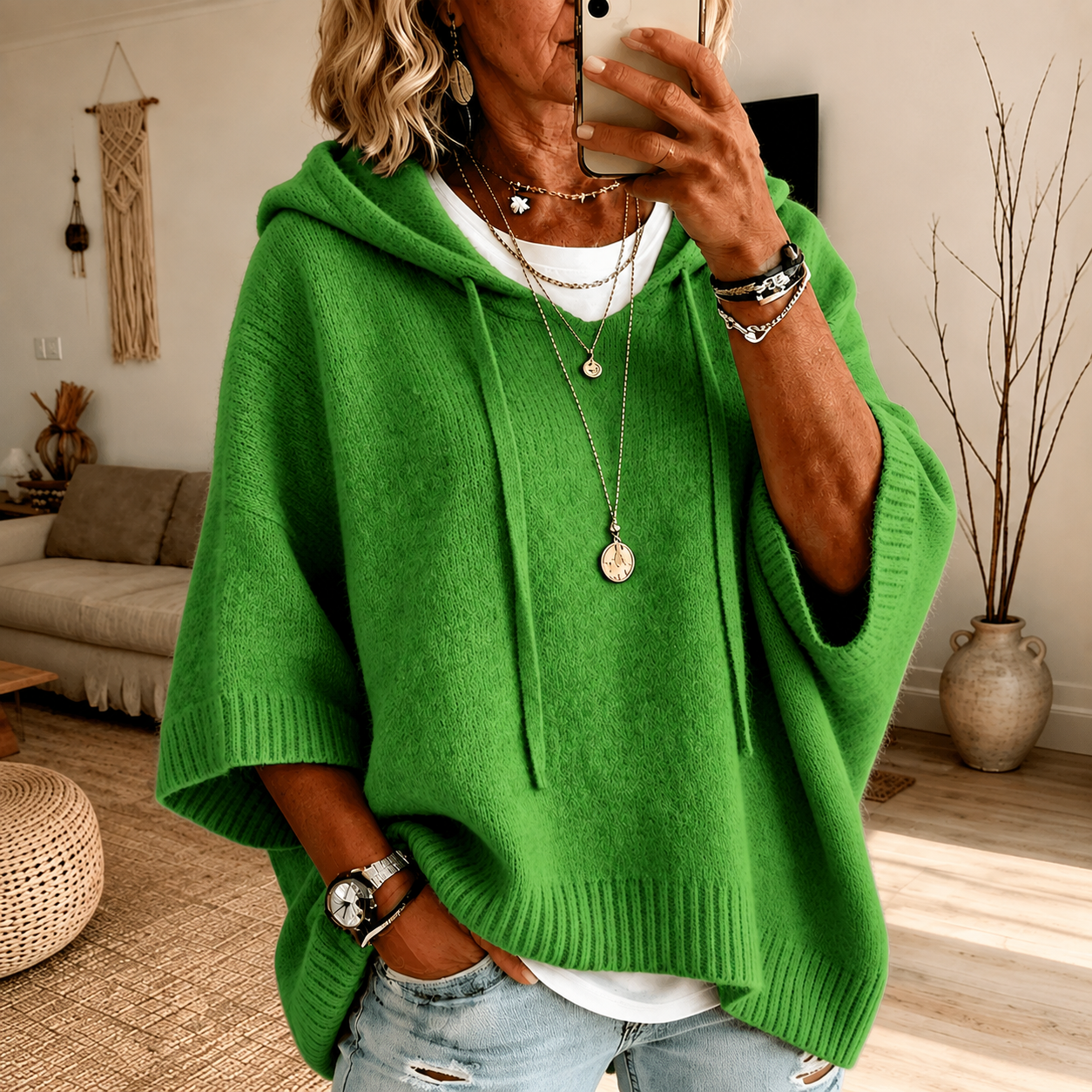 Green hooded poncho sweater with drawcord hood and relaxed knit fit