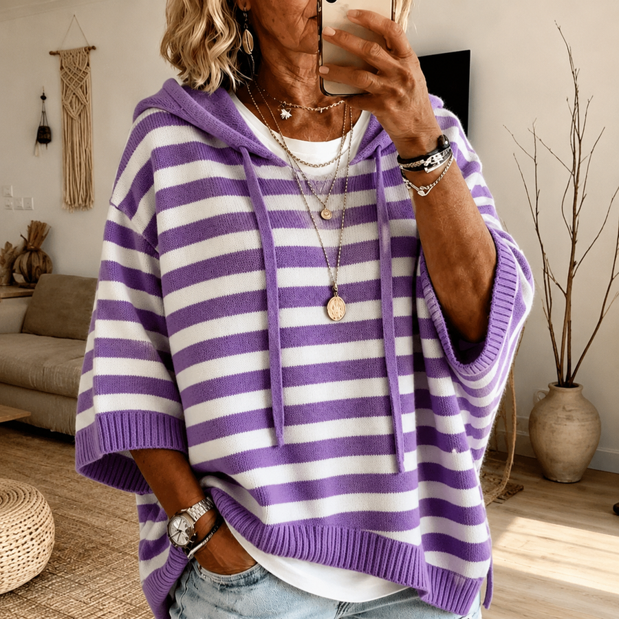 Purple striped hooded poncho sweater with drawstring hood and ribbed finishes