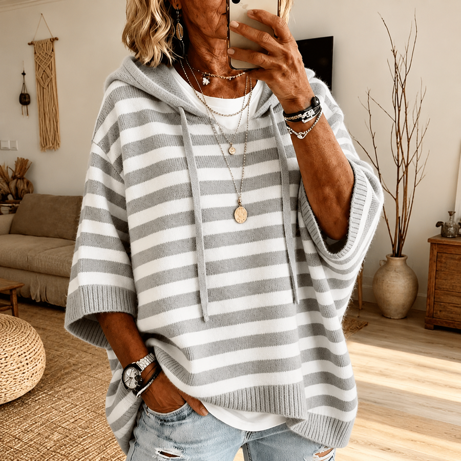 Grey striped hooded poncho sweater with drawstrings and ribbed finishes