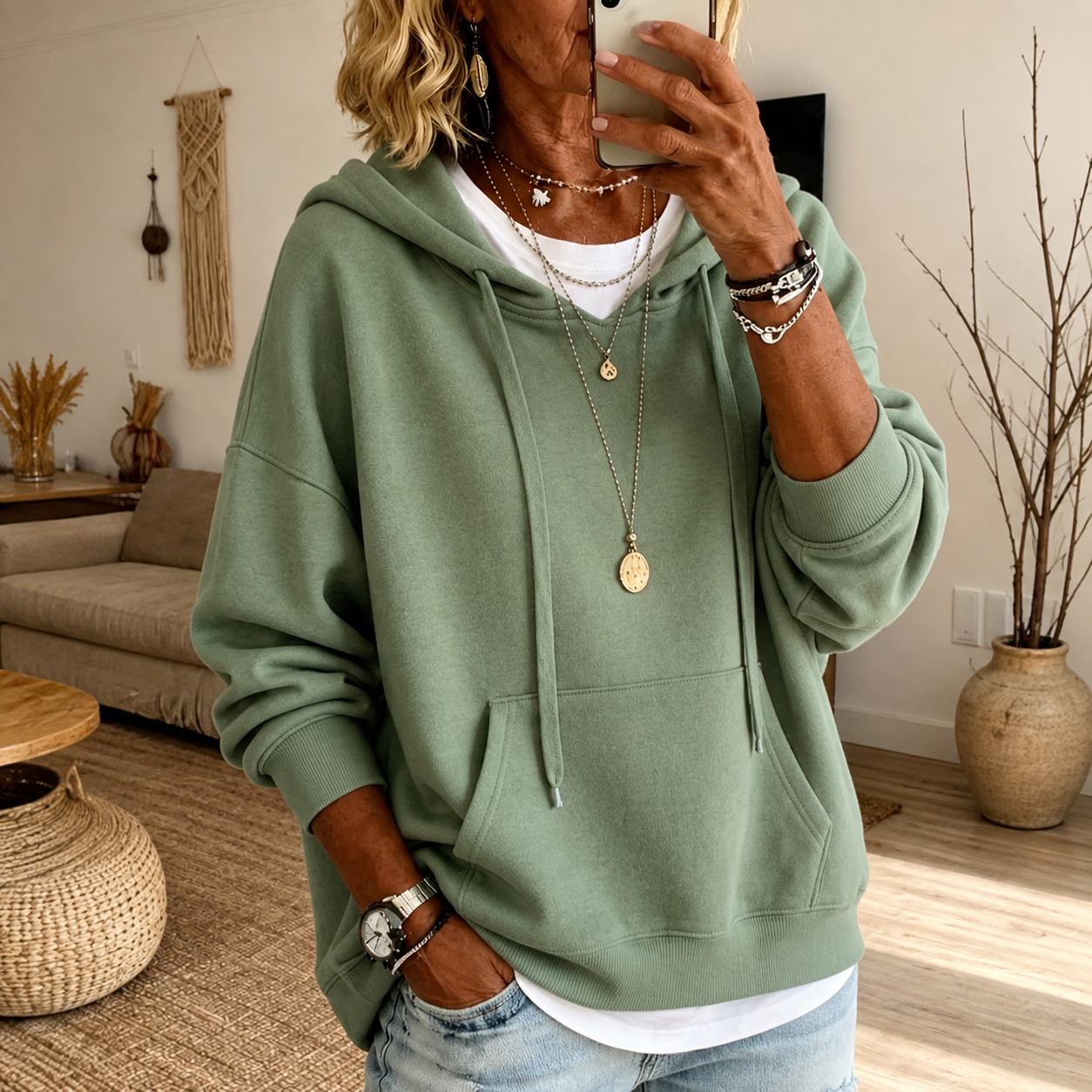 Sage green oversized hooded sweatshirt with drawstring hood, kangaroo pocket and ribbed cuffs