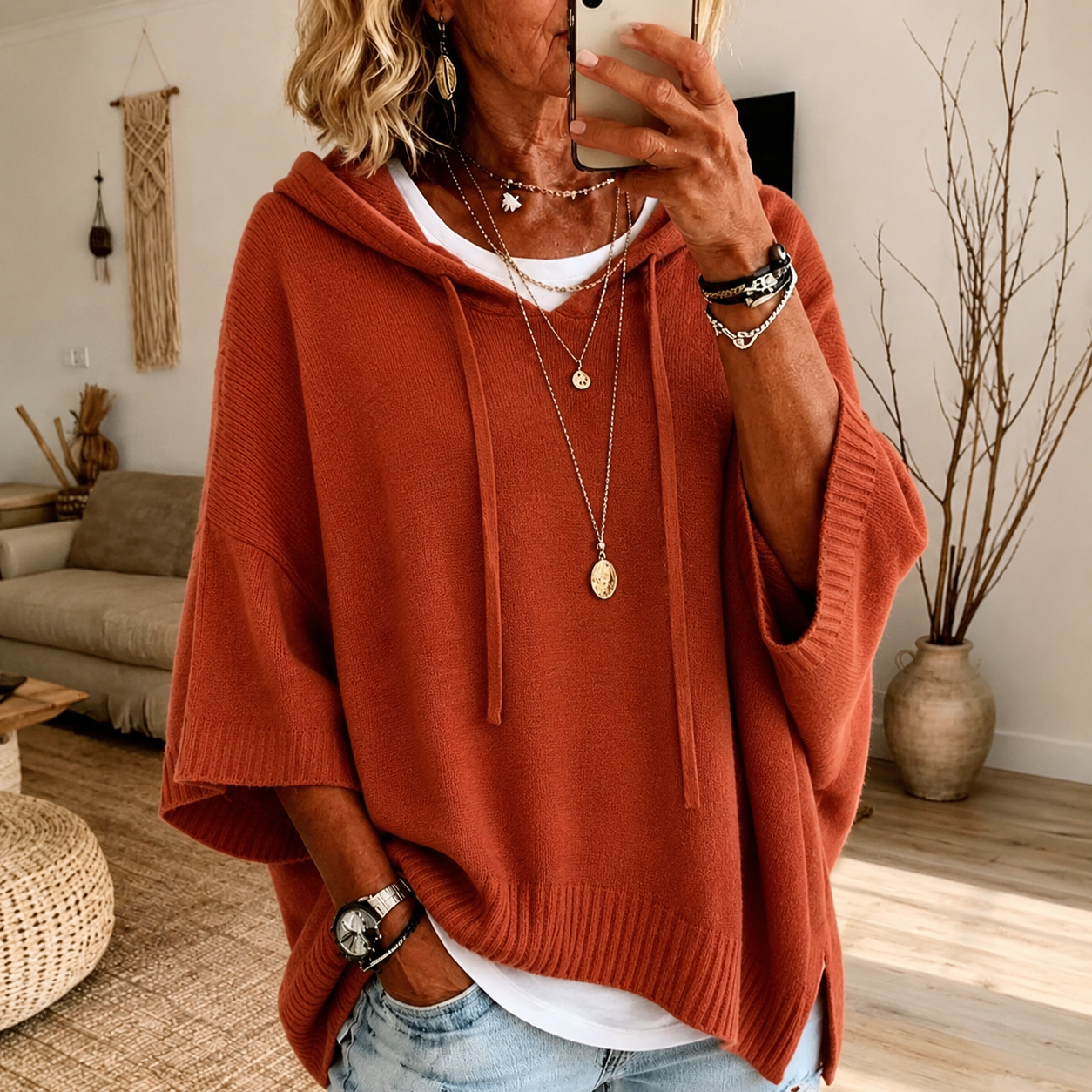 Terracotta hooded poncho sweater with relaxed drape and ribbed finishes
