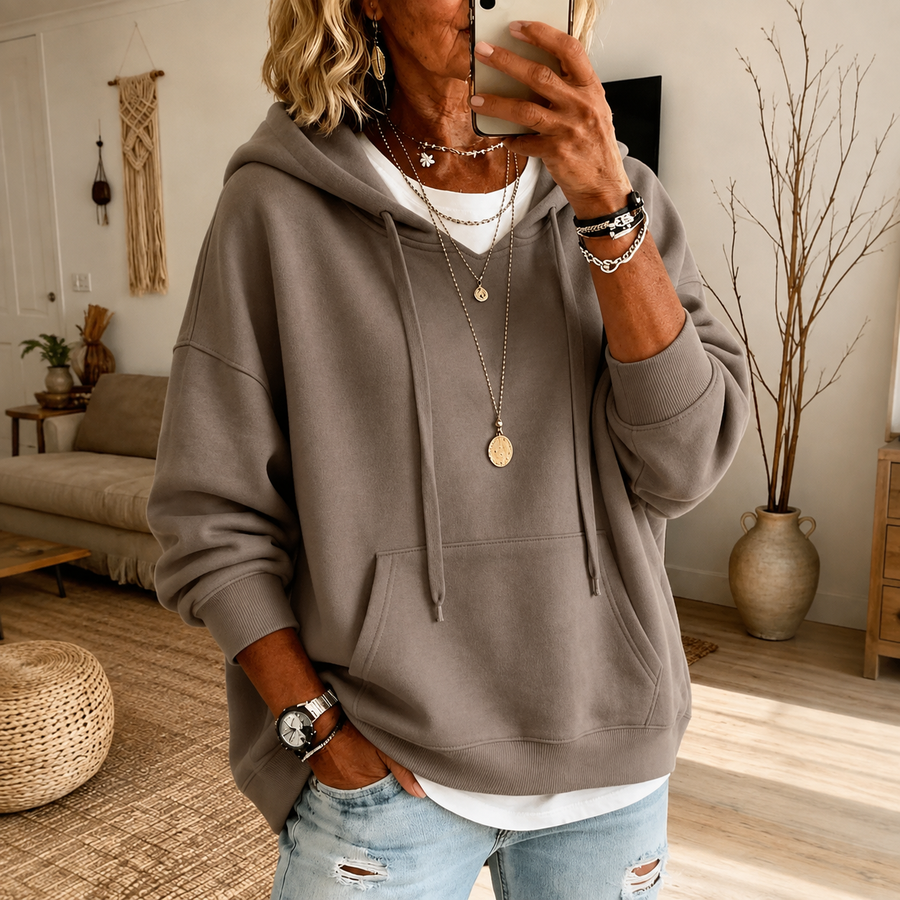 Taupe oversized hooded sweatshirt with drawstring hood and kangaroo pocket