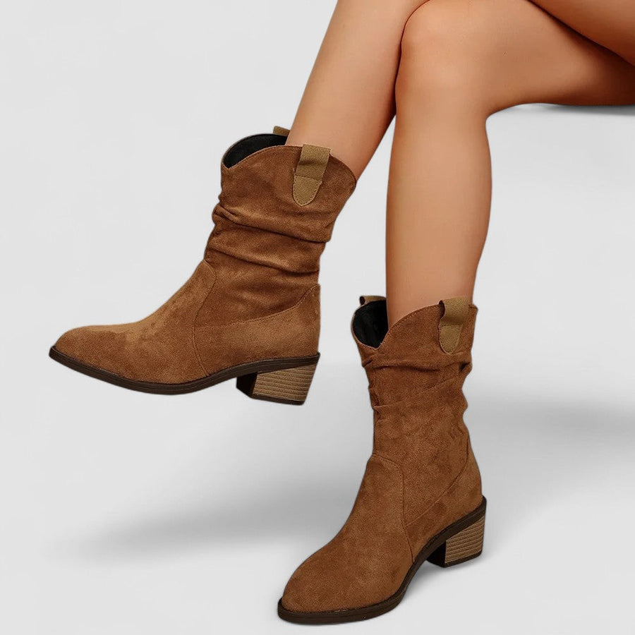 Slouch Western ankle boots with pointed toe and stacked block heel in brown and black
