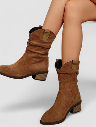 Slouch Western ankle boots with pointed toe and stacked block heel in brown and black