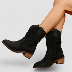Slouch Western ankle boots with pointed toe and stacked block heel in brown and black