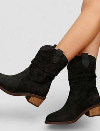 Slouch Western ankle boots with pointed toe and stacked block heel in brown and black