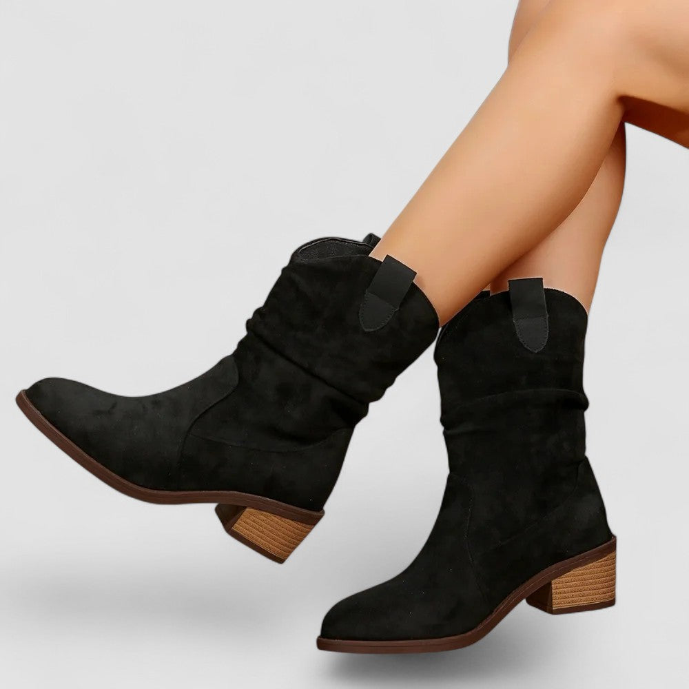 Slouch Western ankle boots with pointed toe and stacked block heel in brown and black