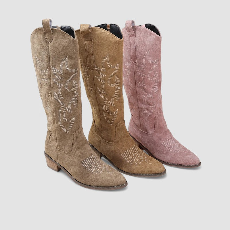 Knee-high western boots with tonal embroidery, low block heel and side zip