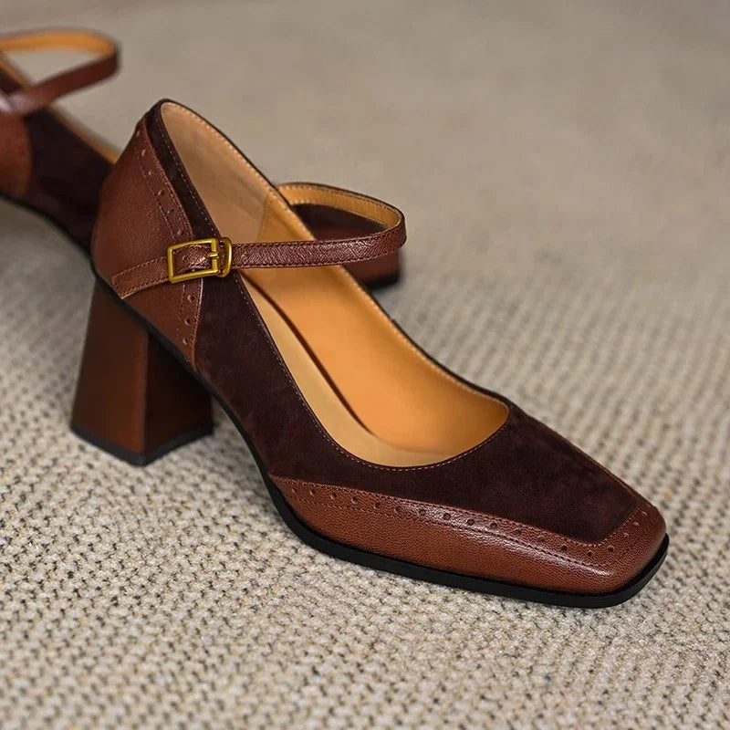 Constance square toe block heel brogue pumps with slim ankle strap and gold-tone buckle